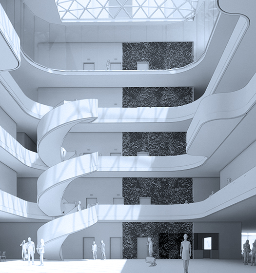 Croquis d’architecte représentant le hall du Nouveau Vic ainsi que son escalier hélicoïdal et son mur végétalisé